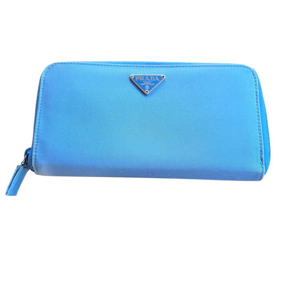 Prada Blue Saffiano Zip Around Women's Wallet